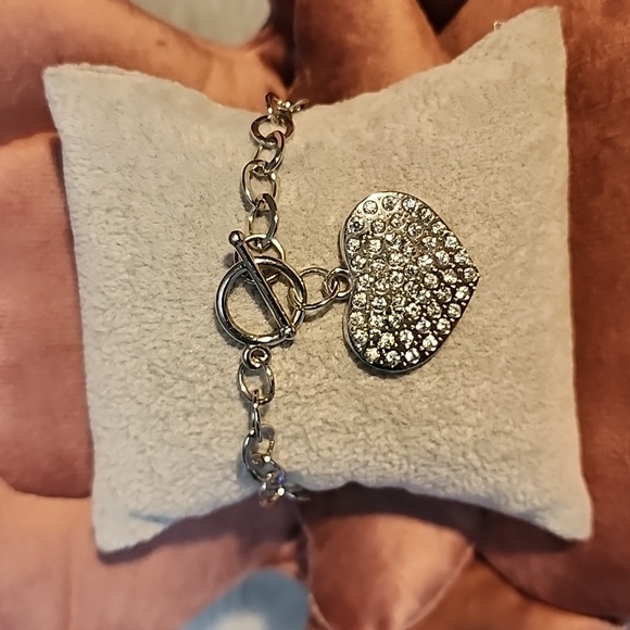 Silver Tone Rhinestone Heart Charm Bracelet - Picture 2 of 6